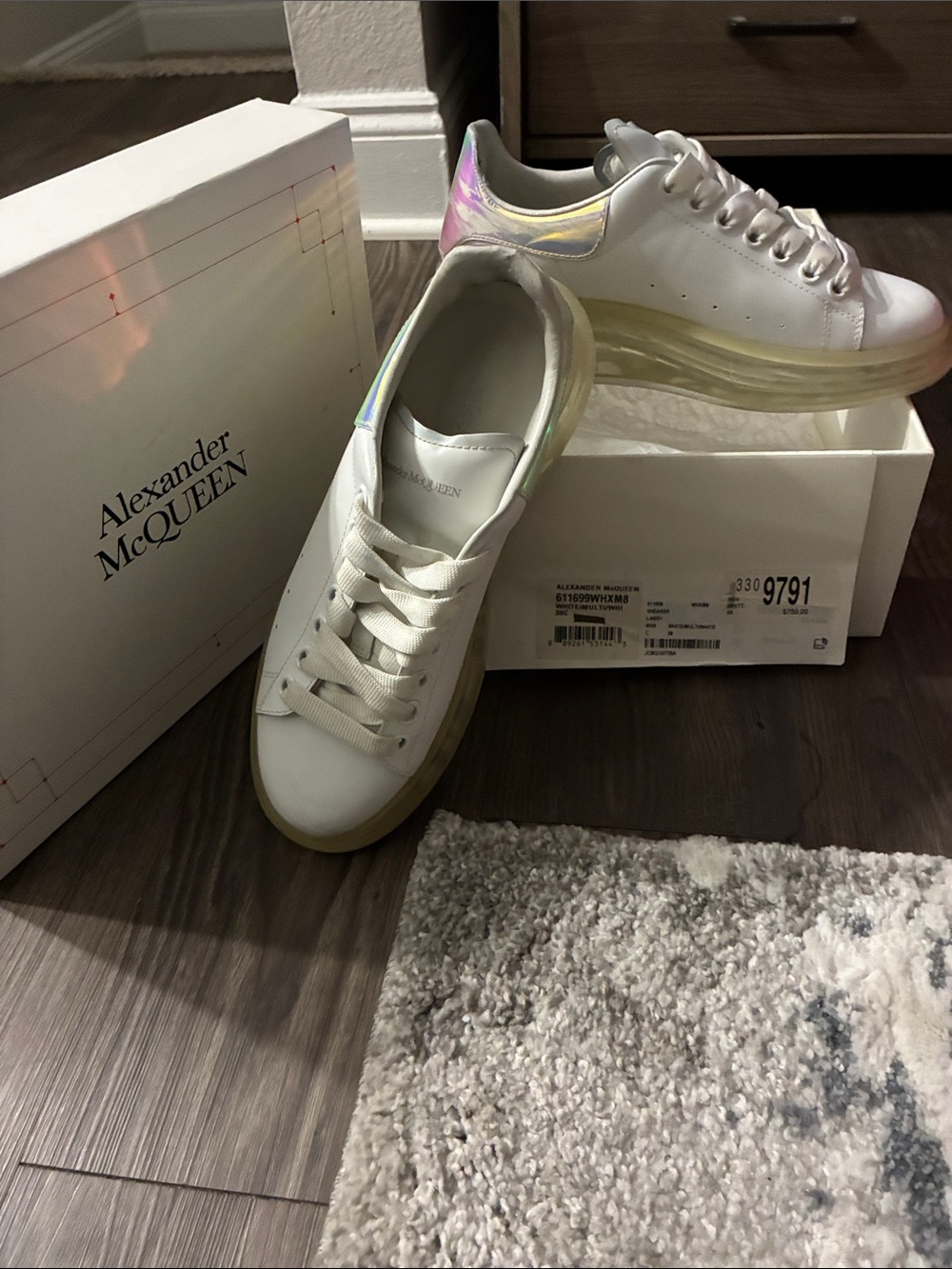 Alexander McQueen White Leather Sneakers with Iridescent Heel Tab